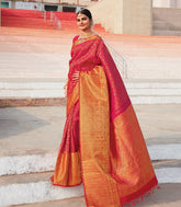 Pink Handloom Kanchipuram Silk Saree With Checks & Kamalam Motifs