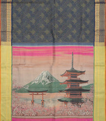 Indigo Handloom Silk Saree With Japanese Sashiko Patterns & Mount Fuji Pallu-KA12636