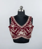 Maroon Embroidered Blended Raw Silk Readymade Sleeveless Blouse RB5203