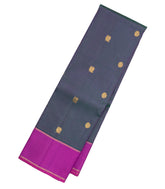 Dark Grey Handloom Kanchipuram Silk Saree With Zari Stripes & Buttas-KA12989