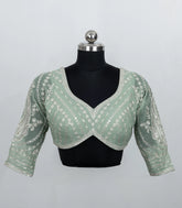 Mint Green Embroidered Blended Raw Silk Readymade Blouse RB5200