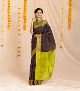 Violet Handloom Silk Cotton Saree With Buttas & Contrast Border-SC3875