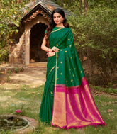Dark Green Handloom Kanchipuram Silk Saree With Parrot Buttas