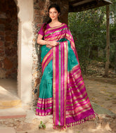 Sea Green Handloom Kanchipuram Korvai Silk Saree With Annam Buttas