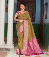 Dark Beige Handloom Kanchipuram Silk Saree With Floral Motifs-KA12075