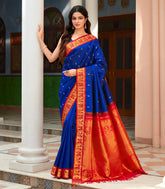 Blue Handloom Korvai Kanchipuram Silk Saree With Red Border