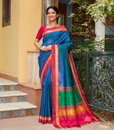 Blue Handloom Kanchipuram Silk Saree With Buttas-Blue
