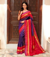 Purple Handloom korvai Kanchipuram Silk Saree With Contrast Temple Border-KA12162