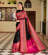 Black Handloom Kanchipuram Korvai Silk Saree With Multi Stripe Border