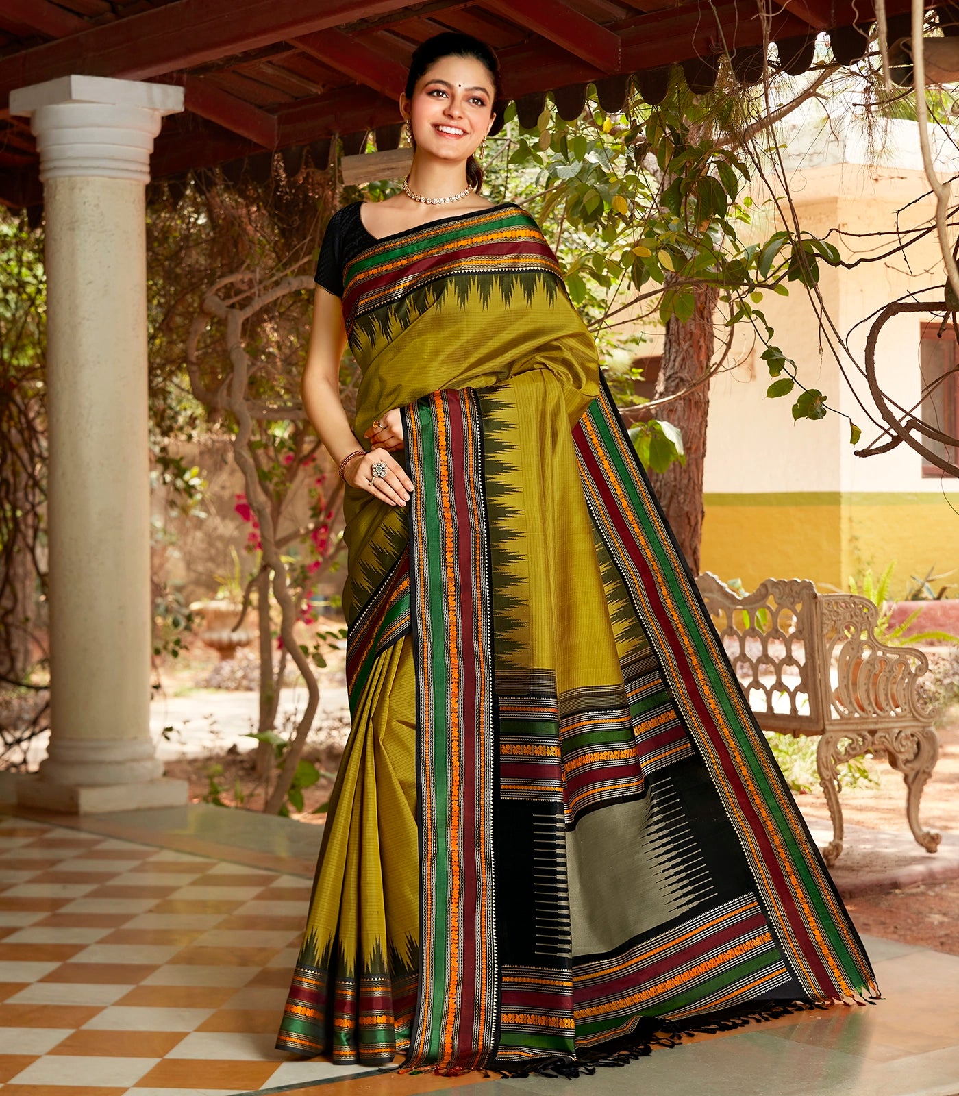 Oil Mustard Handloom Korvai Kanchipuram Silk Saree With Stripes