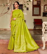 Light Green Handloom Kanchipuram Silk Saree With Floral Chevron Motifs-KA12079