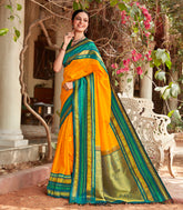 Mango Yellow Handloom Korvai Kanchipuram Silk Saree With Green Border-KA12082