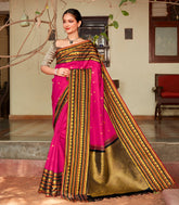 Hot Pink Handloom Kanchipuram Korvai Silk Saree With Kamalam Buttas