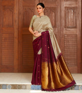 Taupe & Maroon Handloom Korvai Half & Half Kanchipuram Silk Saree