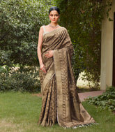 Dark Grey Handloom Kanchipuram Silk Saree With Annam Vine Motifs-KA12074