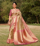 Beige Handloom Tissue Korvai Kanchipuram Silk Saree With Floral Buttas