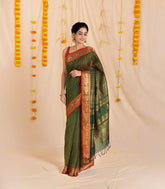 Dark Green Handloom Silk Cotton Saree With Checks & Floral Motifs-SC3880