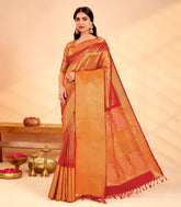 Red Handloom Kanchipuram Silk Saree With Temple Zari Border-KA15324