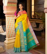 Mustard Handloom Korvai Kanchipuram Silk Saree With Stripes-KA14804
