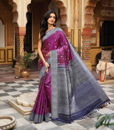 Magenta Handloom Kanchipuram Silk Saree With Checks & Contrast Border-KA13647