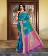 Cyan Handloom Kanchipuram Silk Saree With Zari Checks & Bird Buttas-KA13933