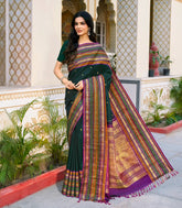 Bottle Green Handloom Kanchipuram Silk Saree With Annam Chakaram Buttas-KA13873