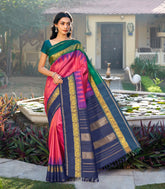 Hot Pink Handloom Korvai Kanchipuram Silk Saree With Ganga Jamuna Border-KA14798