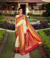 Off White Handloom Korvai Kanchipuram Silk Saree With Checks & Buttas-KA14872