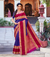 Purple Handloom Korvai Kanchipuram Silk Saree With Buttas & Contrast Border-KA13341