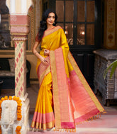 Mustard Handloom Korvai Kanchipuram Silk Saree With Floral Buttas-KA13927