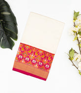 White Handloom Ikat Silk Saree With Contrast Pink Border