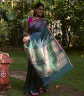 Teal Handloom Kanchi Cotton Saree With Yazhi Buttas