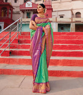 Turquoise Handloom Kanchipuram Korvai Silk Saree With Zari Checks-Turquoise