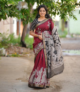Crimson Woven Art Chanderi Saree With Printed Motifs-BL3539