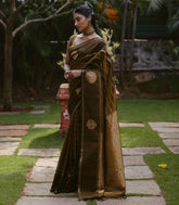 Dark Olive Handloom Silk Cotton Saree With Veldari stripes