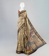 Beige Woven Art Chanderi Saree With Printed Kalamkari Motifs-BL3949