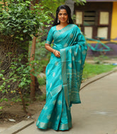 Turquoise Woven Blended Art Tussar Saree With Stripes & Buttas-BL3541