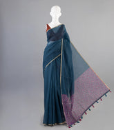 Navy Blue Woven Art Linen Saree With Printed Floral Pallu-BL3951