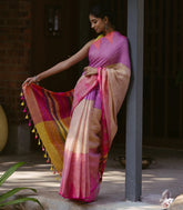 Multi-colour Muppagam Handloom Linen saree with Temple Border