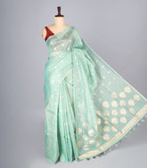 Turquoise Woven Synthetic Supernet Saree With Floral Motifs-BL4239