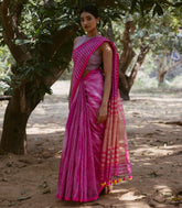 Pink Handloom Linen Saree With Stripes