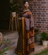Brown Handloom Kanchi Cotton Saree With Annam Chakaram Motifs