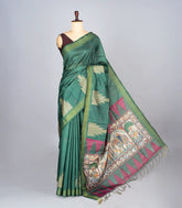 Sea Green Woven Synthetic Dupion Saree With Printed Paintings In Pallu-BL4294