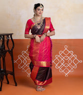 Dark Brown Handloom Korvai Kanchipuram 9 Yards Silk Saree With Contrast Border-KA15966