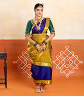 Blue Handloom Kanchipuram 9 Yards Silk Saree With Buttas & Contrast Border-KA13407