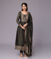 Olive Green & Gold Embroidered Festive Anarkali Set-RC5597
