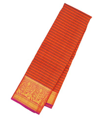 Rust & Green Handloom Silk Saree With Stripes & Muthu