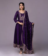Dark violet & Gold Embroidered Festive Anarkali Set-RC5596