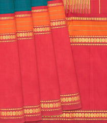 Viridian Handloom Korvai Silk Saree With Contrast Crimson Border