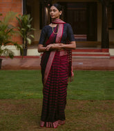 Maroon Handloom Bengal Cotton Saree With Red and Black Gradient stripes